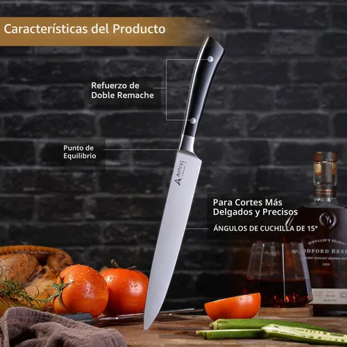 Vista 5 de Juego de Trinchar Pavo, Mango Ergonómico de Espiga Completa Cuchillo y Tenedor de Trinchar, Herramientas de Cocina de Acero Inoxidable Alemán