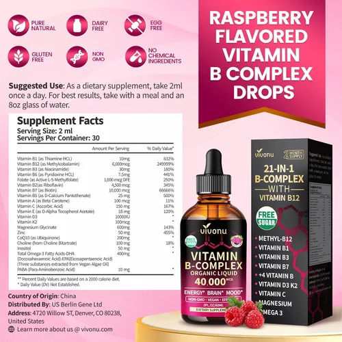 Vista 7 de VivoNu Gotas líquidas de complejo de vitamina B, vitamina B12 metilada de 6000 mcg, B1, B6, B3, B5, B2, folato, biotina con vitamina C D A E