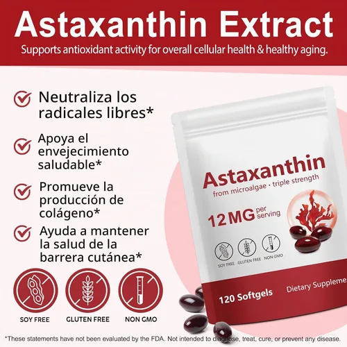 Vista 3 de Astaxantina 12 mg, Astaxantina 120 cápsulas blandas premium, extraídas naturalmente de Haematococcus pluvialis Suministro de 4 meses