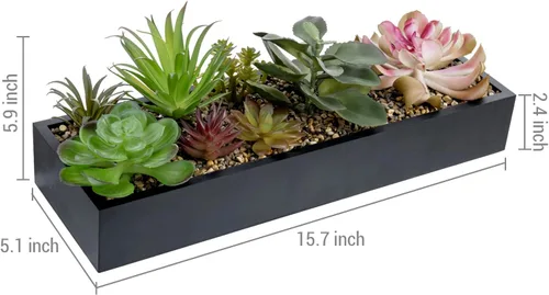 Vista 5 de MyGift Arreglo de suculentas artificiales surtidas en caja rectangular de madera negra, decoración de plantas falsas