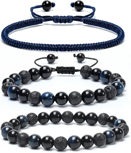 Vista 25 de SAMXY Triple Protection Bracelet, 8mm Healing Crystal Bead Bracelet, 3pcs Blue Red Tiger's Eye Obsidian Hematite Bracelet Women Men