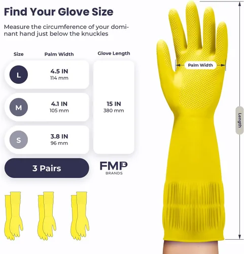 Vista 7 de FMP Brands 3/6/12/60 pares de guantes de goma extra largos de 15 pulgadas para lavar platos, antideslizantes para limpieza, cocina, baño, jardinería
