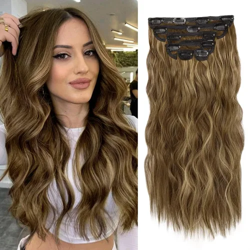 Vista 19 de WECAN Extensión de cabello con clip, de 20 pulgadas, mezcla de rubio ceniza y rubio decolorado, 6 piezas, extensiones de cabello largo ondulado