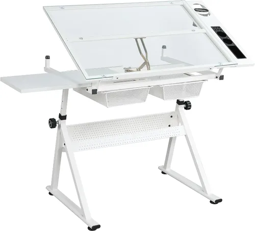 Vista 9 de Escritorio de mesa de dibujo ajustable en altura con taburete, parte superior de vidrio templado Blanco