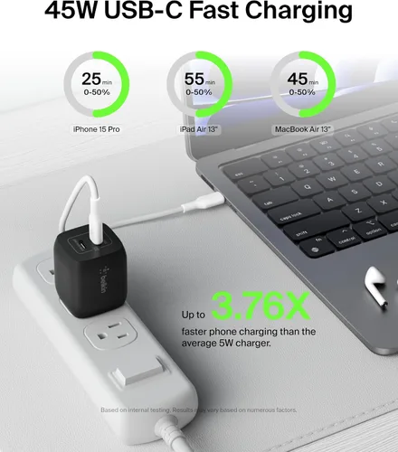Vista 2 de Belkin 45W Dual USB C Charger Block,PD3.0 w/GaN-Super Fast Charging-Samsung Galaxy S25,Apple iPhone 17, Air, Pro, Pro Max,iPad,MacBook,AirPods,Apple