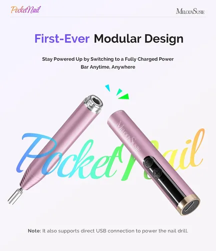 Vista 2 de MelodySusie PocketNail - Taladro de uñas modular inalámbrico en forma de bolígrafo, PC100GR 20000 RPM, lima eléctrica recargable para manicura