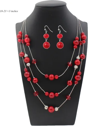 Vista 2 de Aenu Collares de cuentas hechas a mano de 3 capas de 18 a 23 pulgadas, delicadas cadenas de ilusión, juego de collares y aretes bohemios multicolor
