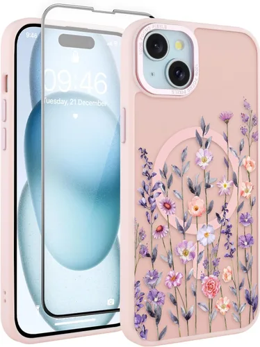 Vista 59 de Magnético para iPhone 13 con protector de pantalla [Compatible con MagSafe] Diseño de patrón floral de flores bonitas, funda delgada a prueba