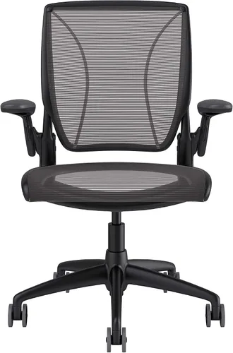 Vista 3 de Humanscale Diffrient World - Silla de escritorio de oficina – Brazos Duron ajustables – Marco negro a rayas negras respaldo y malla de asiento