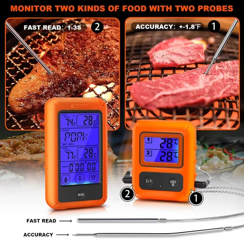 Vista 5 de Termómetro inalámbrico para carne, termómetro digital de carne para cocinar, termómetro de alimentos de lectura instantánea con 2 sondas de acero