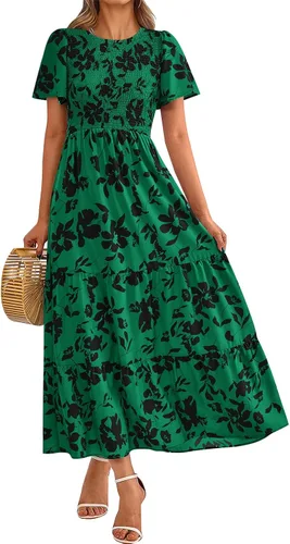 Vista 25 de PRETTYGARDEN - Vestido largo casual de verano para mujer, manga corta acampanada, bohemio, floral, cuello redondo, vestido blusón, escalonado