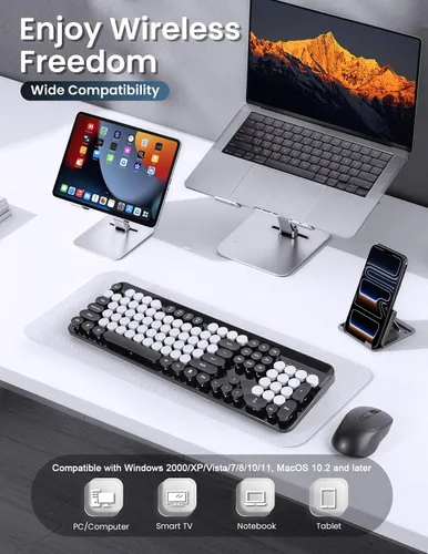 Vista 2 de Combo de teclado y mouse inalámbricos, 104 teclas redondas, teclado y mouse coloridos de tamaño completo con receptor USB de 2.4 GHz