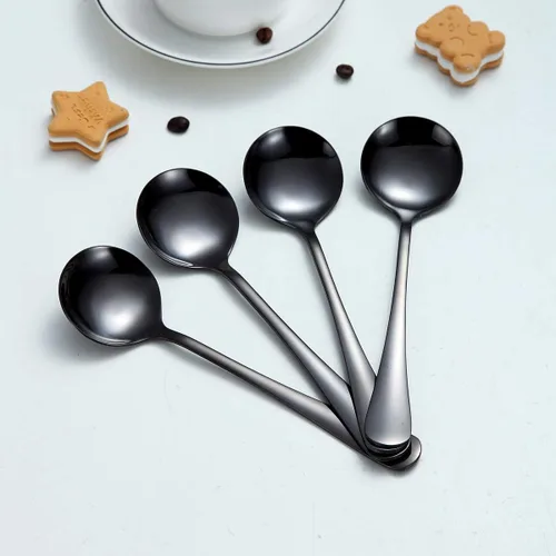 Vista 5 de Berglander - Juego de 4 cucharas de sopa negras de acero inoxidable chapado en titanio de 7.5 pulgadas, cucharas redondas brillantes, juego