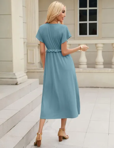 Vista 6 de KOJOOIN Vestido largo con cuello en V y estampado floral bohemio con volantes, manga corta, escalonado, casual, elástico, cintura alta, dobladillo