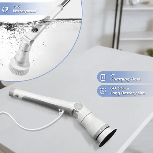 Vista 7 de Joyzan Limpiador eléctrico giratorio, cepillo de ducha de limpieza inalámbrico, 8 cabezales limpiadores, pantalla LCD, mango de extensión ajustable