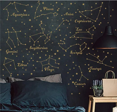 Vista 6 de Calcomanías de pared de constelación para habitación de niños, 12 calcomanías de astronomía del zodiaco con estrellas y signos, mural de vinilo Negro