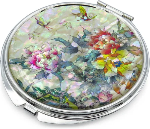 Vista 2 de MADDesign - Espejo de maquillaje compacto de madDesign con diseño de nácar y aumentar las flores de mariposa, rosa y amarillo Espejo redondo