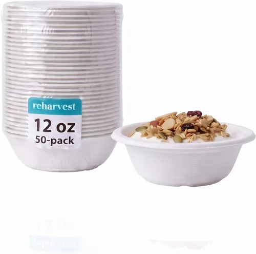 Vista 11 de Tazones de 24 onzas (paquete de 50), 7.5 pulgadas de diámetro, resistentes, 100% biodegradables, compostables para el hogar, sin plástico, sin BPA