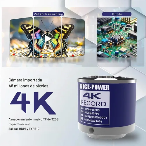 Vista 2 de NICE-POWER Microscopio Digital, Cámara de Microscopio de Video Industrial HDMI Tipo-C/USB de 48MP 4K 1080P, Lente C-Mount de Zoom 150X, Soporte