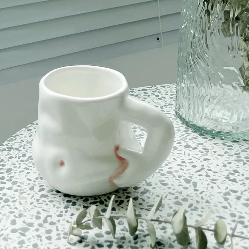 Vista 5 de Taza de cerámica hecha a mano para el vientre grueso Taza de café con mango de brazo Taza grasa Taza de café Potbelly Regalo del día