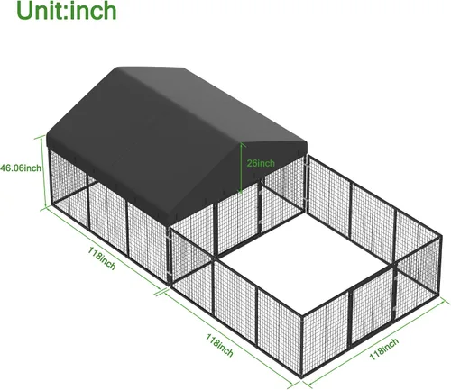 Vista 2 de Caseta de perro para exterior con valla para perros pequeños y medianos, recubrimiento antióxido, jaula con techo, resistente a todas