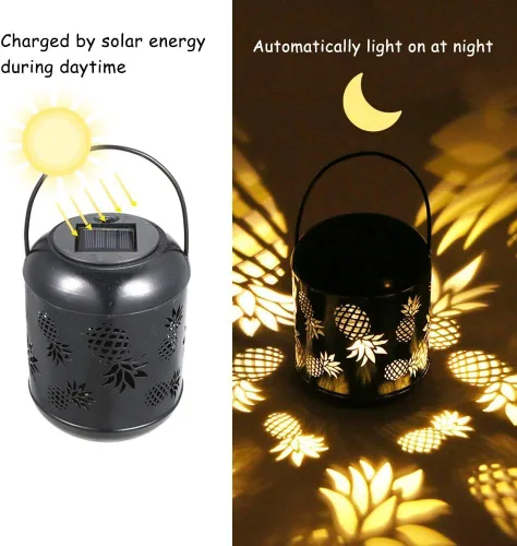 Vista 6 de Lixada Iluminación al aire libre LED alimentado por energía solar luz de césped ahuecado diseño de piña colgante lámpara de decoración de paisaje