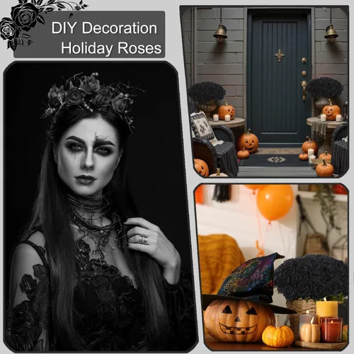 Vista 4 de 12 rosas artificiales de terciopelo sintético para decoración del hogar y boda (rosa perla, negro)