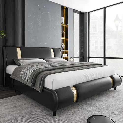Vista 13 de TTVIEW Moderna base de cama tapizada de piel sintética con decoración de metal de hierro dorado, cabecera curvada ajustable, soporte de listones