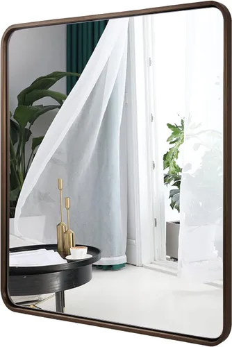 Vista 23 de Espejo de latón para baño, espejo rectangular redondeado de 22x30 pulgadas con marco de metal cepillado dorado, espejo de tocador de baño sin