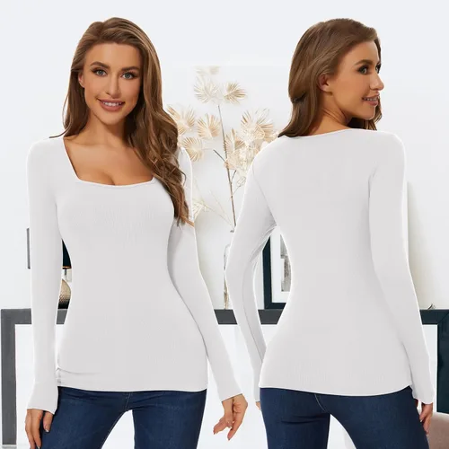 Vista 6 de WOWENY Camisa térmica de manga larga para mujer, con forro polar, ajustada, básica, cuello cuadrado, capa base de invierno