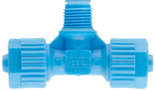 Vista 2 de Tefen Tubo de compresión de polipropileno de fibra de vidrio, adaptador en T, azul, tubo de 0.315 in de diámetro exterior x 1/4" BSPT macho x tubo