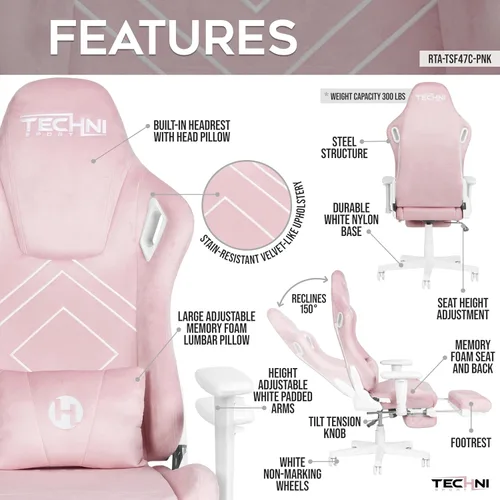 Vista 4 de Techni Sport Silla para juegos de terciopelo rosa con reposapiés