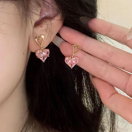 Vista 7 de Dcfywl731 Juego de aretes de San Valentín, collar de corazón rosa, aretes para mujer, juego de joyas de corazón con diamantes de imitación, regalo