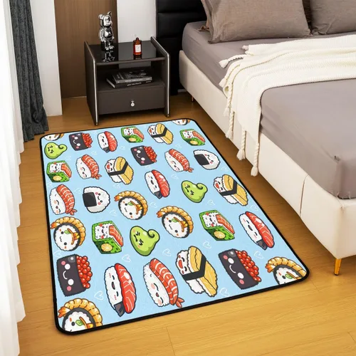 Vista 4 de Jejeloiu Kawaii - Alfombra de sushi de 3 x 5, alfombra japonesa para sala de estar, bonita alfombra de piso de dibujos animados para interiores