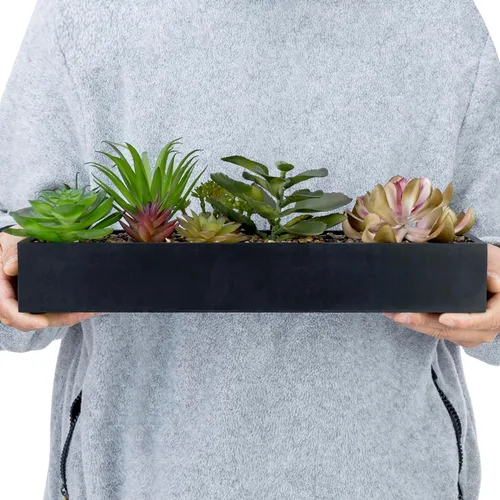 Vista 6 de MyGift Arreglo de suculentas artificiales surtidas en caja rectangular de madera negra, decoración de plantas falsas