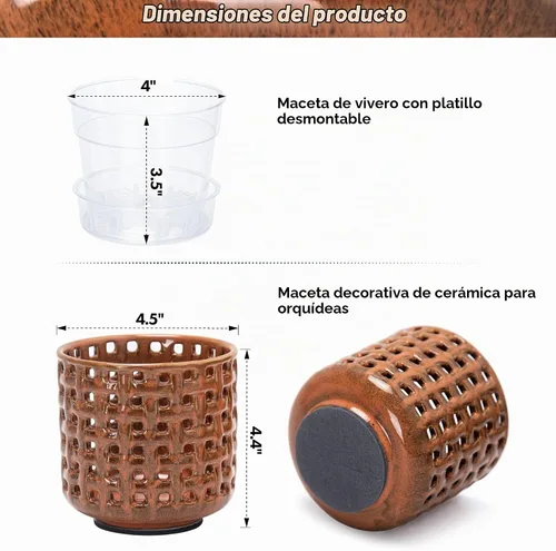 Vista 4 de D'vine Dev Maceta de cerámica para orquídeas de 4.5 pulgadas con diseño de recorte de celosía, maceta esmaltada con maceta transparente y platillo