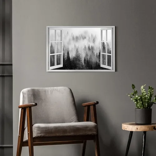 Vista 2 de Arte de pared de ventana de pino: sala de estar, dormitorio, vista de bosque brumoso, pintura, impresión de paisaje brumoso, lienzo, baño, moderno