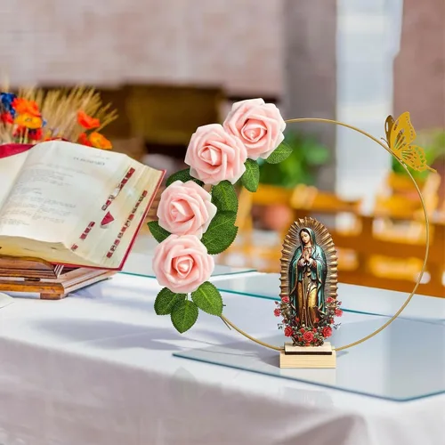 Vista 3 de BreezeHug 12 centros de mesa de bautismo para centros de mesa para bautizo bodas, 12 piezas de madera, 12 aros florales con soporte, 24 rosas
