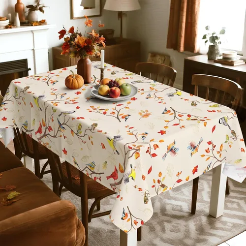 Vista 2 de Mantel rectangular de ramas de pájaros de otoño impermeable, mantel de hojas de arce resistente a las manchas, mantel lavable para decoración