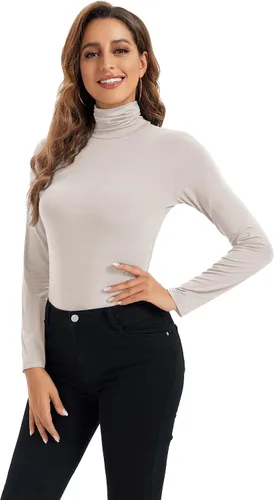 Vista 2 de Camiseta de manga larga con cuello alto para mujer, suave, elástica, capa base ajustada.