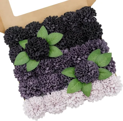Vista 49 de Flores artificiales, 25 piezas, rosas artificiales realistas para ramos de novia, centros de mesa, arreglos, flores de Dalia negras con tallo