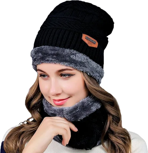 Vista 2 de MUCO Conjunto de gorros de invierno para hombre y mujer, gorro de punto cálido, forro polar grueso, calentador de cuello para hombres y mujeres, Muco