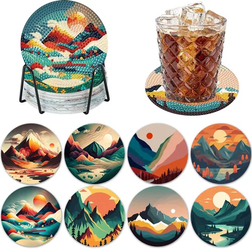 Vista 26 de ijbnhd 8 posavasos de pintura de diamantes de animales, posavasos de arte de diamantes con soporte para principiantes y adultos, suministros