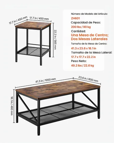 Vista 3 de VEVOR Juego de 3 mesas para sala de estar, mesa de café industrial de 41.3 pulg con 2 mesas auxiliares cuadradas, juego de mesas de café
