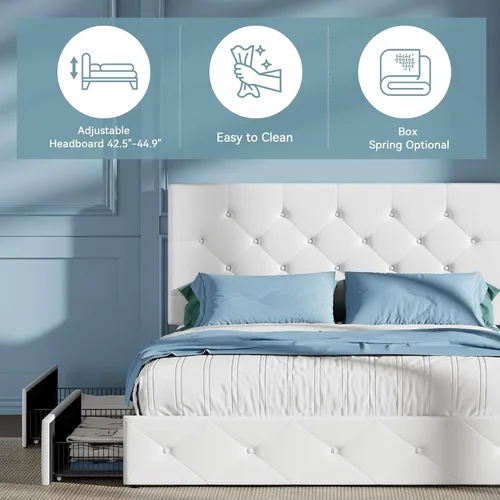 Vista 6 de HOOMIC Base de cama de almacenamiento de plataforma de tamaño matrimonial con 4 cajones y cabecera ajustable, listones de madera, no necesita Blanco