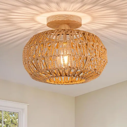 Vista 13 de Lámpara de Techo de Ratán Boho - Mini Candelabro de Montaje Empotrado Accesorio de Luz Tejido para Dormitorio, Pasillo, Entrada, Baño, Guardería