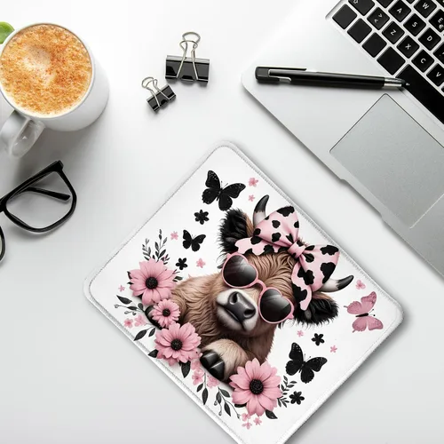 Vista 4 de Highland - Alfombrilla de mouse de vaca con lazo rosa coqueta floral para mouse inalámbricos, computadora portátil, accesorios de escritorio, 9.5 x
