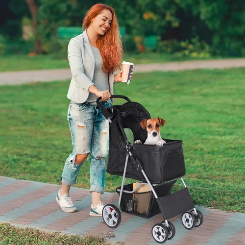 Vista 6 de Cochecito plegable para perros de 4 ruedas para gatos pequeños y medianos, cachorros, portátil, para viajes, campamento, con cesta de Negro