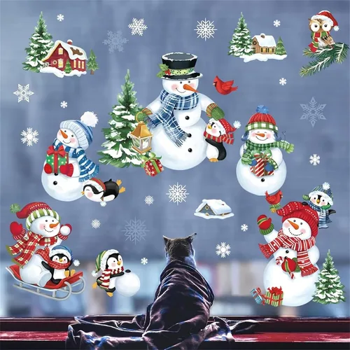 Vista 4 de decalmile Calcomanías reutilizables de Navidad para ventana, diseño de muñeco de nieve, pingüino, árbol de Navidad, copos de nieve, espejo de vidrio