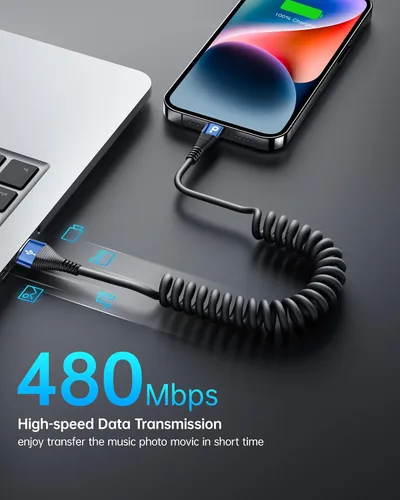 Vista 8 de Cable de carga para iPhone para automóvil de 3 pies, paquete de 2 cables Lightning enrollados, [certificado Apple MFi] cable de carga retráctil